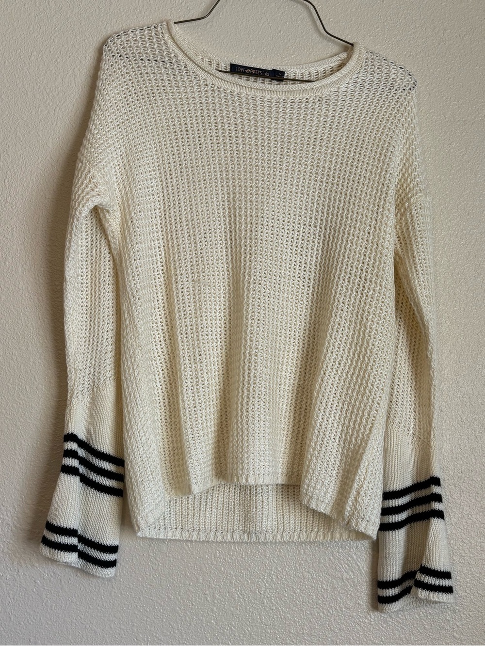 Open Edit Cream Knit Crewneck Sweater with Black Stripe Cuffs